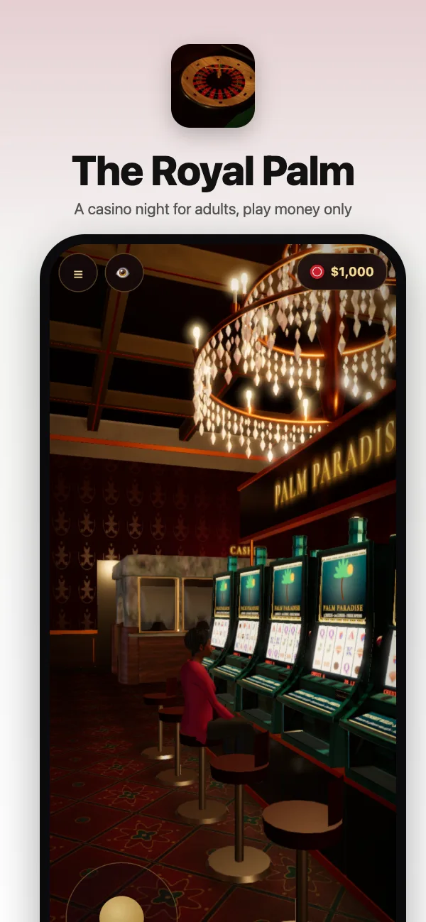 The main floor of The Royal Palm: the slot banks under a crystal chandelier