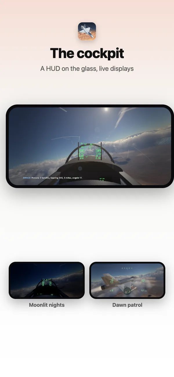 The cockpit at dawn, the HUD on the combiner glass