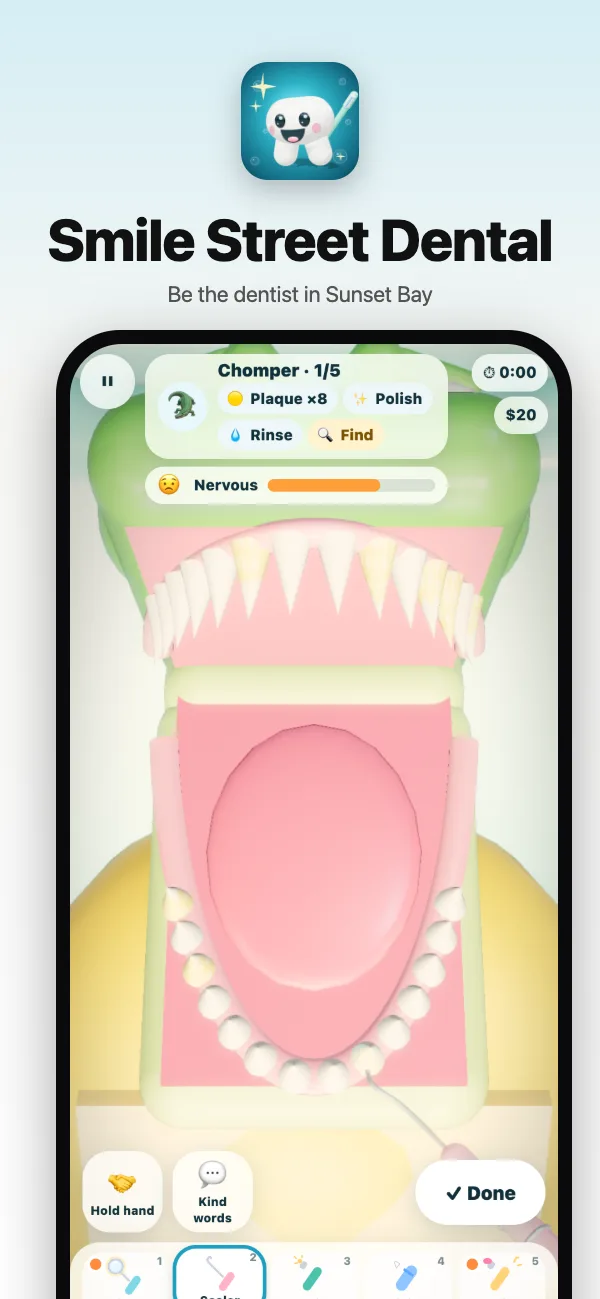 Chomper the crocodile opens wide, with plaque to scrape off his pointy teeth