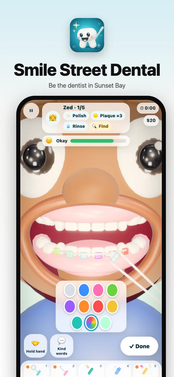 Rainbow braces on a kid's front teeth, with the colour picker on the tray
