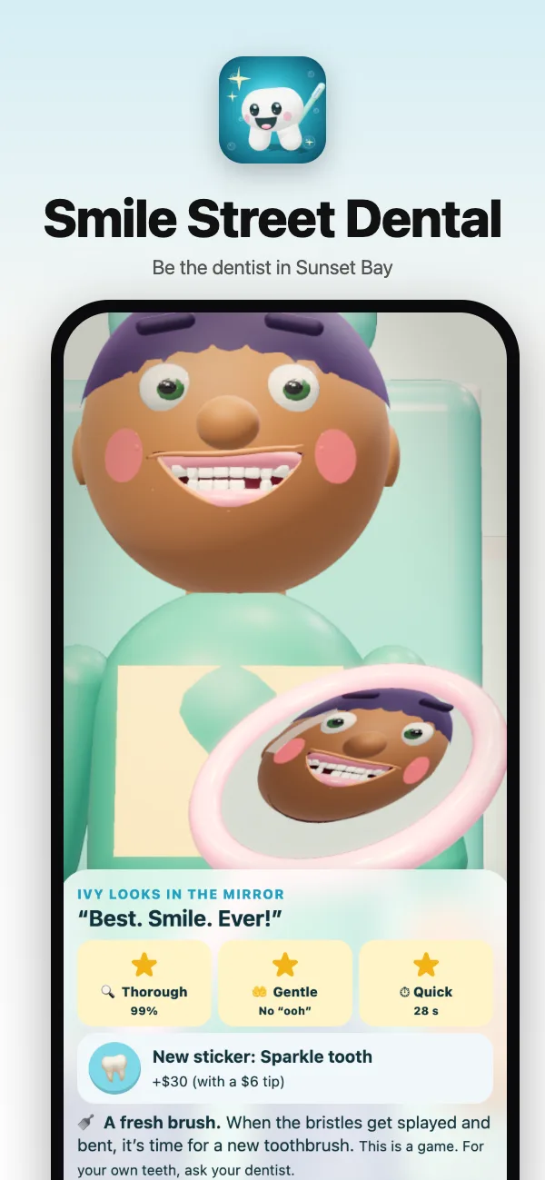 The big-smile reveal in the hand mirror: three stars and a new sticker