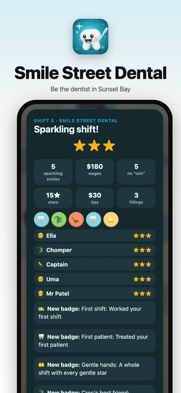The shift's results: five sparkling smiles, wages and new badges