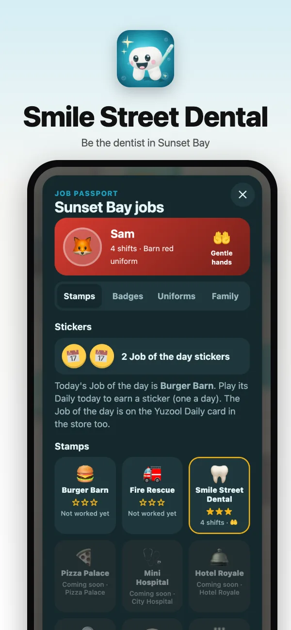 The Job Passport: stamps for every job in Sunset Bay, badges and uniforms