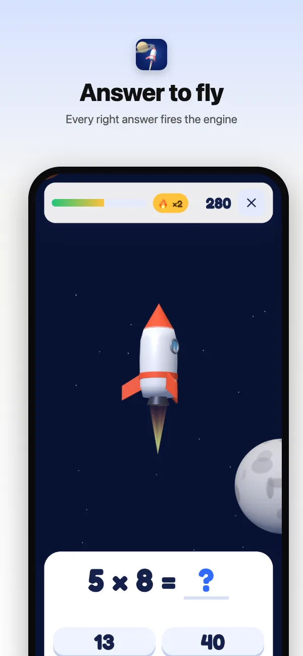 Rocket Run: 5 × 8 with four big answer buttons as the rocket climbs past the Moon
