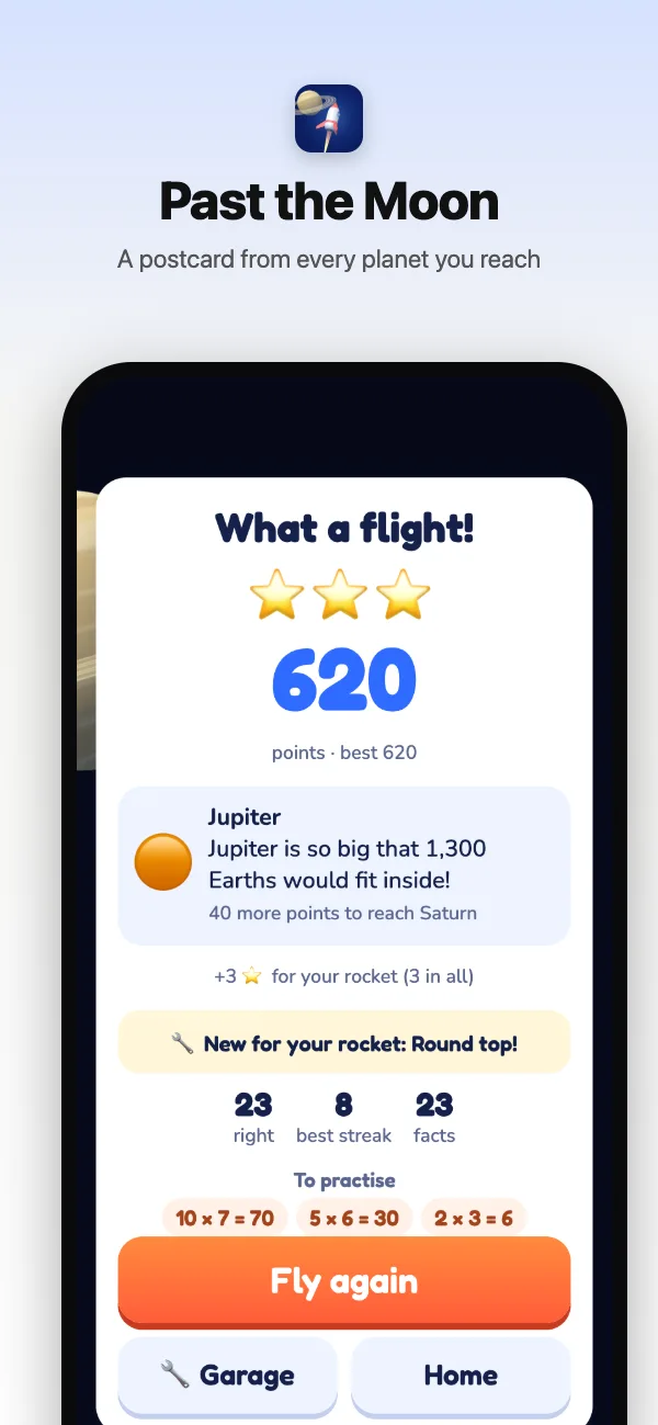 A flight to Jupiter: three stars, 620 points, a postcard, and a new part for the rocket