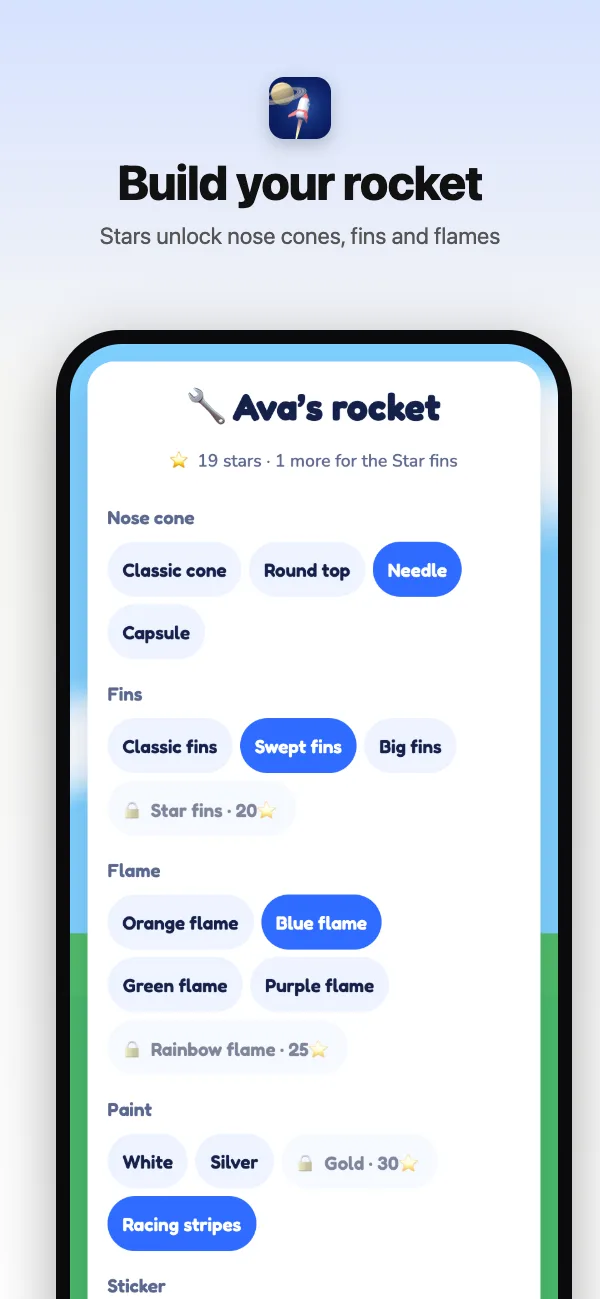 The rocket garage: nose cones, fins, flames, paints and stickers unlocked with stars