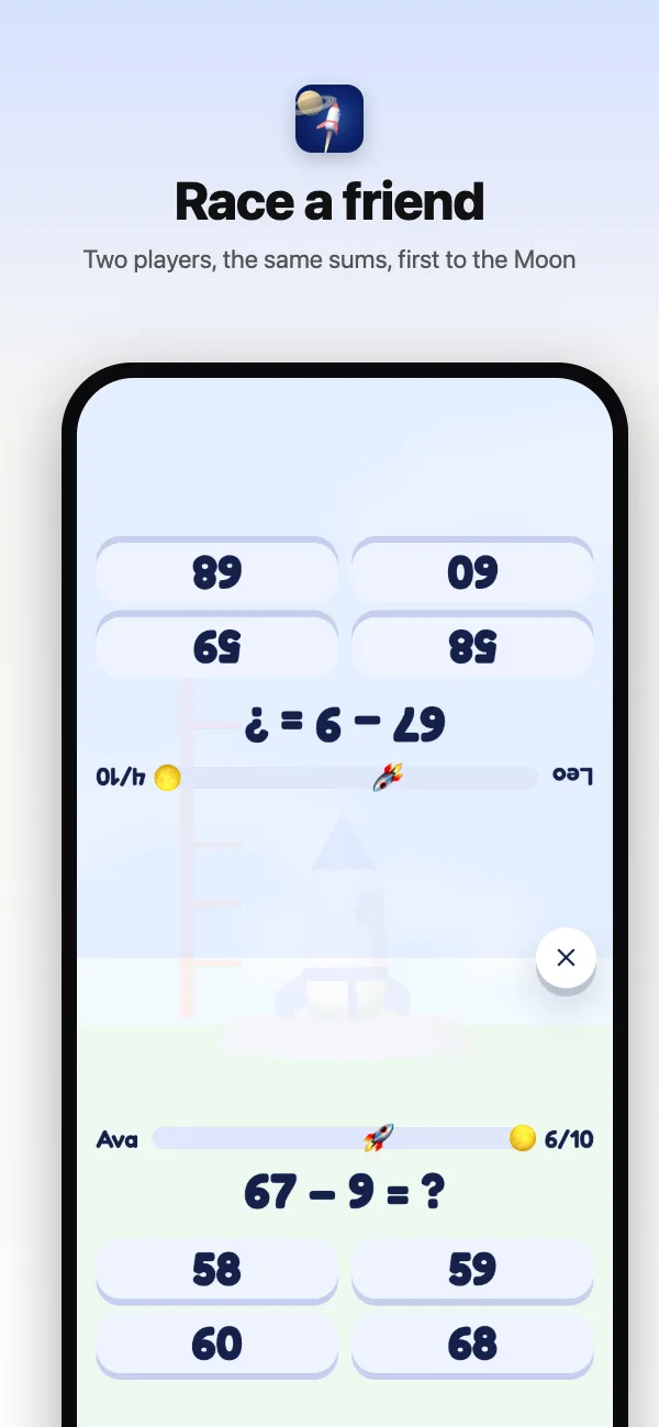 The two-player race: the same sums for both, first to ten right reaches the Moon