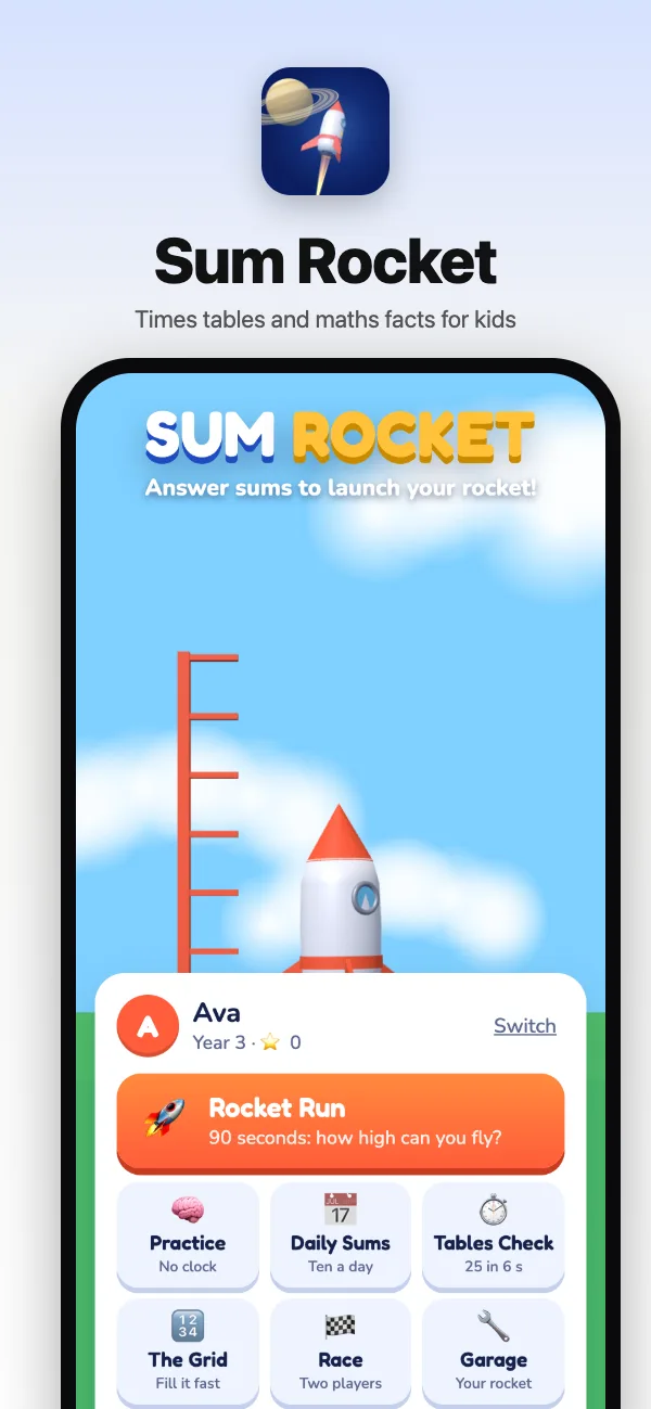 The home screen: the rocket on its launch pad, Rocket Run, Practice, the Daily Sums, the Tables Check, the Grid, the race and the garage