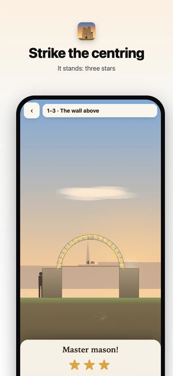 The keystone in: the centring struck, the thrust line drawn through the arch, three stars