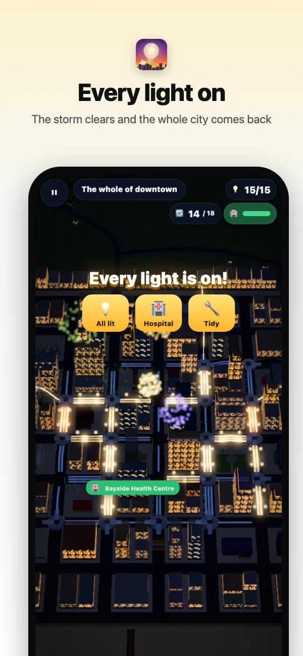 The last block lit: the storm clears and the whole city comes back