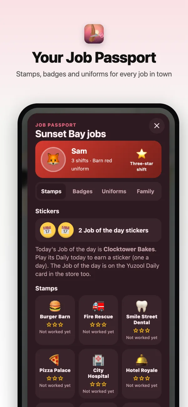 The Job Passport: stamps for every job in Sunset Bay, badges and uniforms