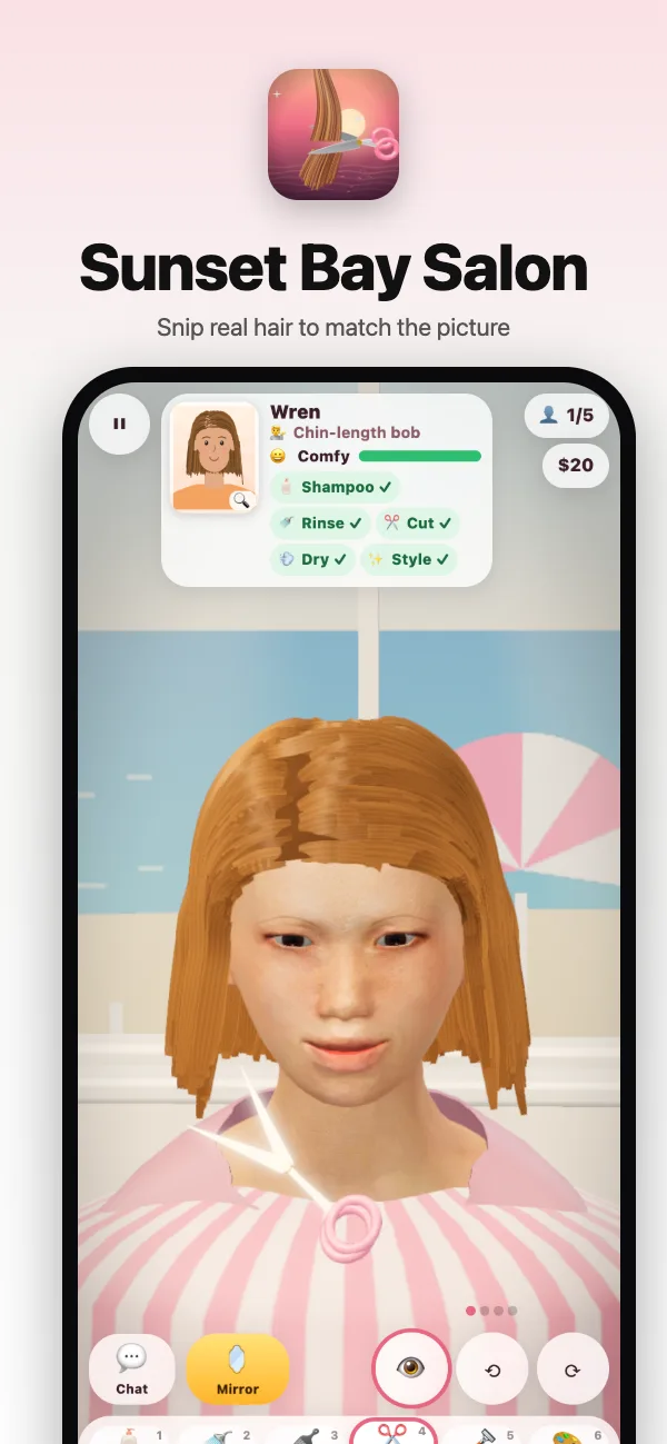 Cutting a chin-length bob: the scissors trim the hair where they cross it
