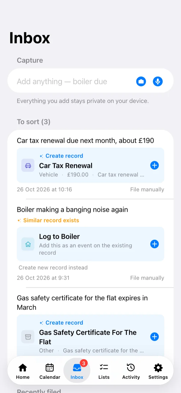The inbox files quick notes as records, or logs them to one you have