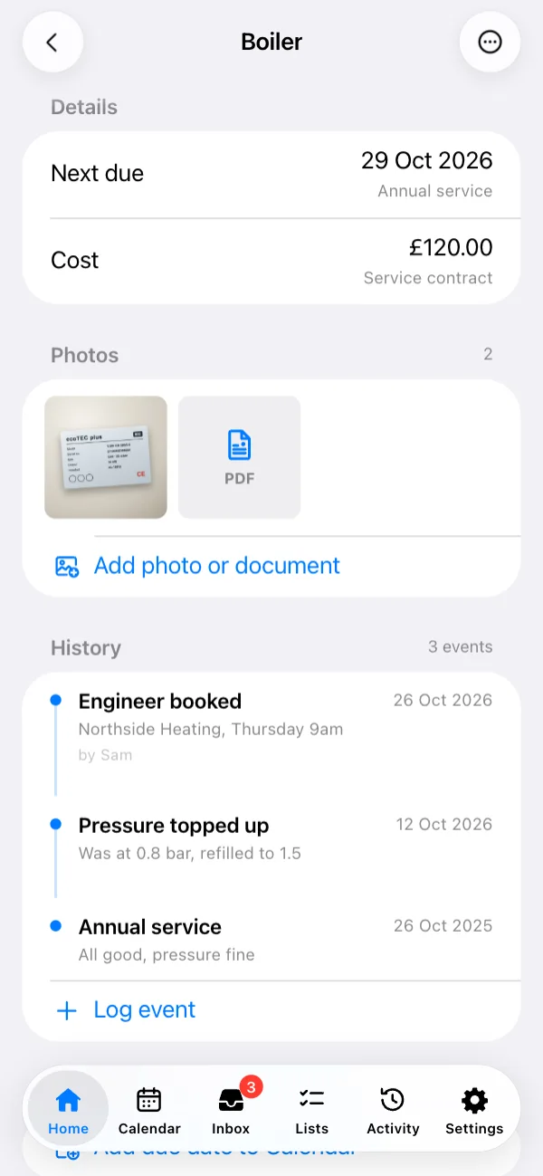 The boiler's record: next service, cost, photos, the invoice and its history