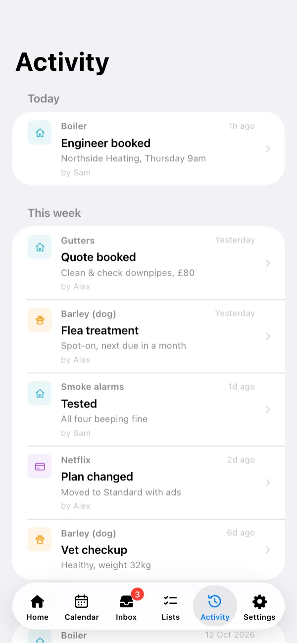 Activity: every service, repair and renewal across the household