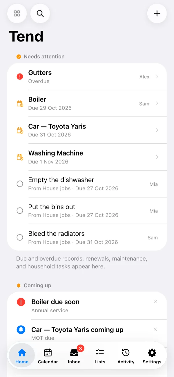 Needs attention: what's due, overdue or out of warranty, and who's on it