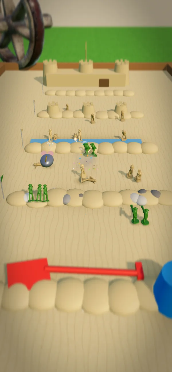 The charge: green soldiers crossing the sandbox to the next sand wall