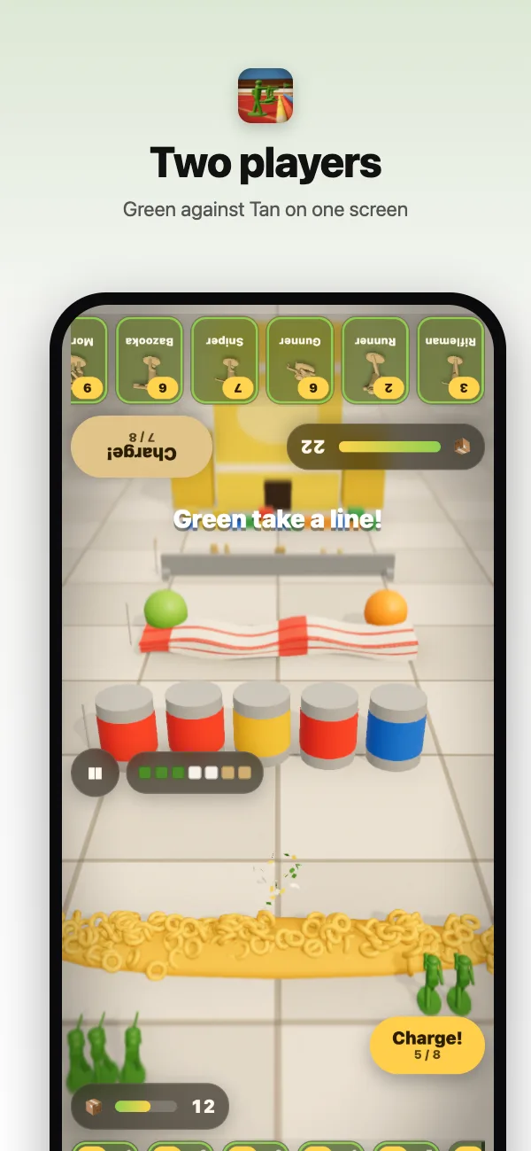 Two players on one screen, Green against Tan