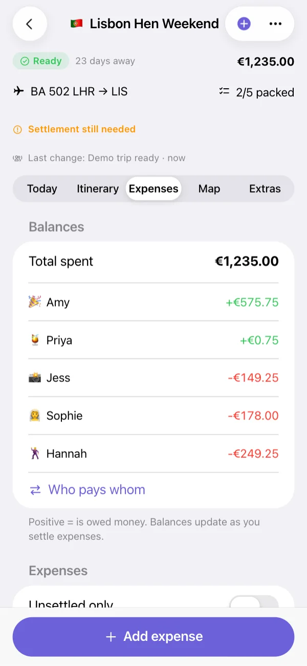 Balances: who's ahead and who owes, updated with every expense