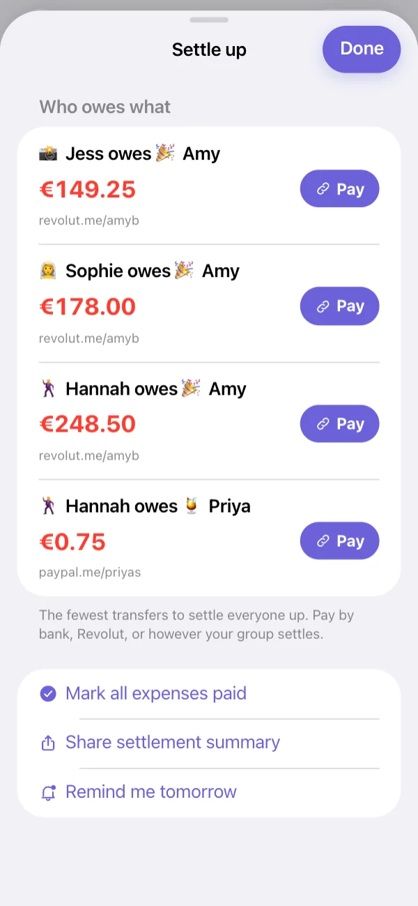 Settle up in the fewest transfers, with Pay links