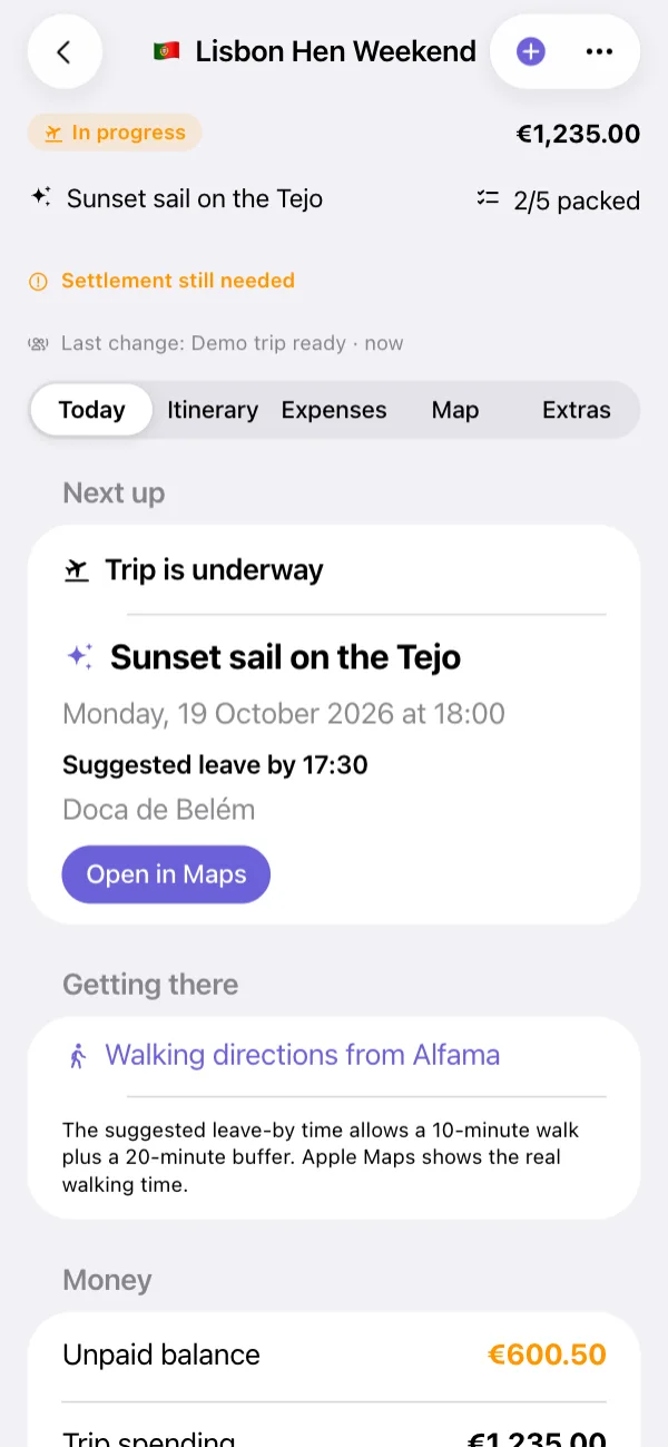 Today on the trip: the next booking, when to leave, and the money
