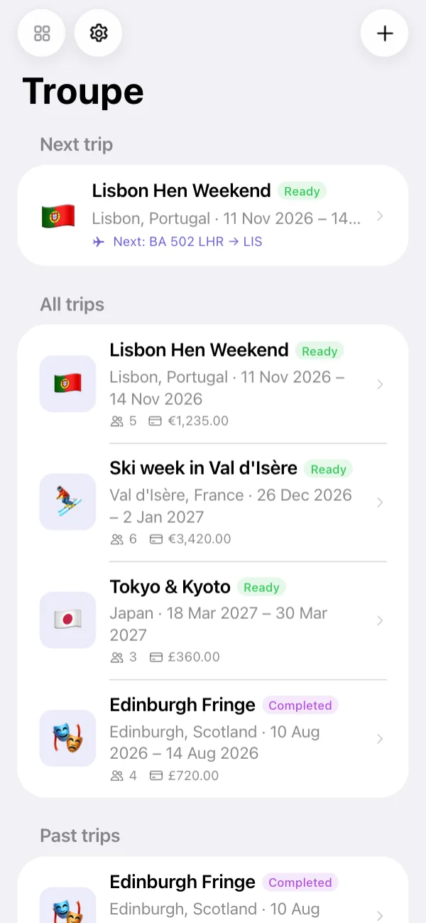 Your trips, with the next one and what's coming up first