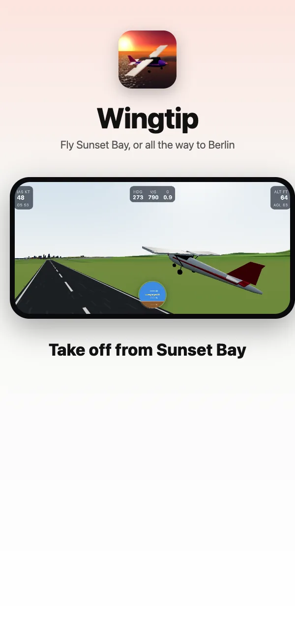 The Sparrow lifting off from Sunset Bay International, the city at the end of the runway