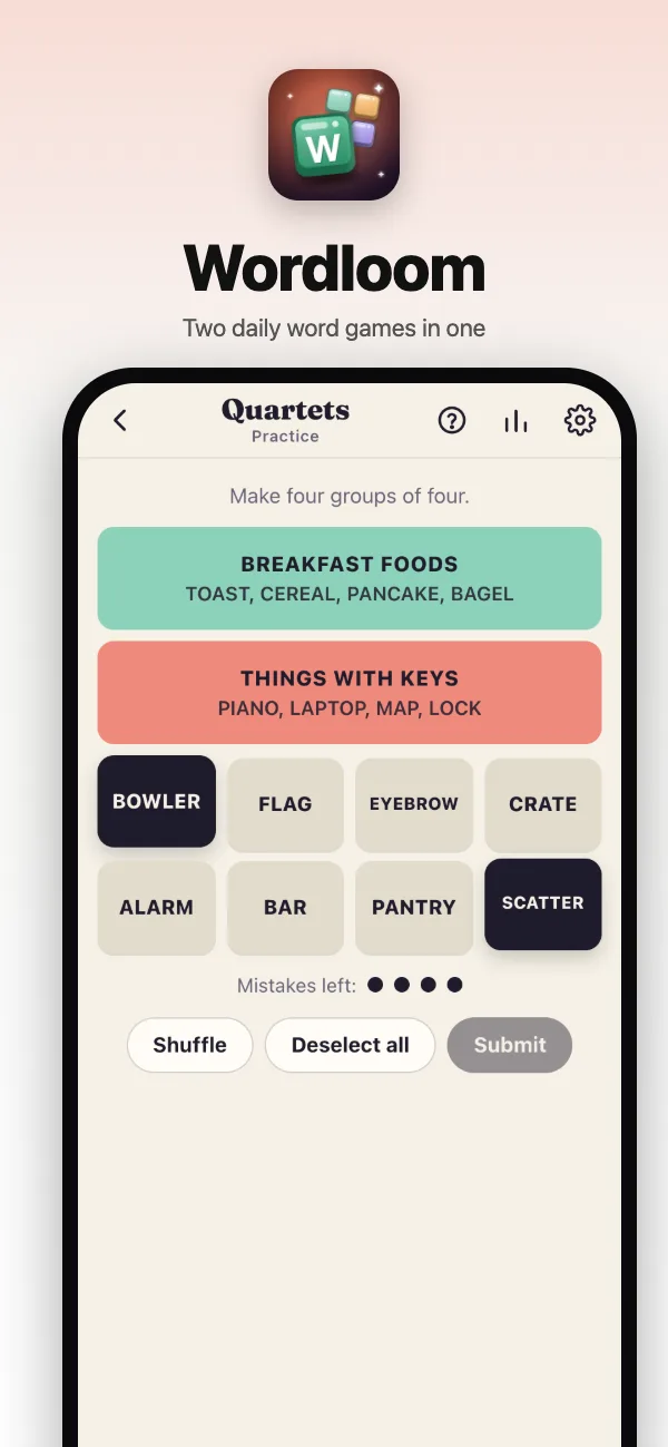 Quartets: sixteen words, two groups already found