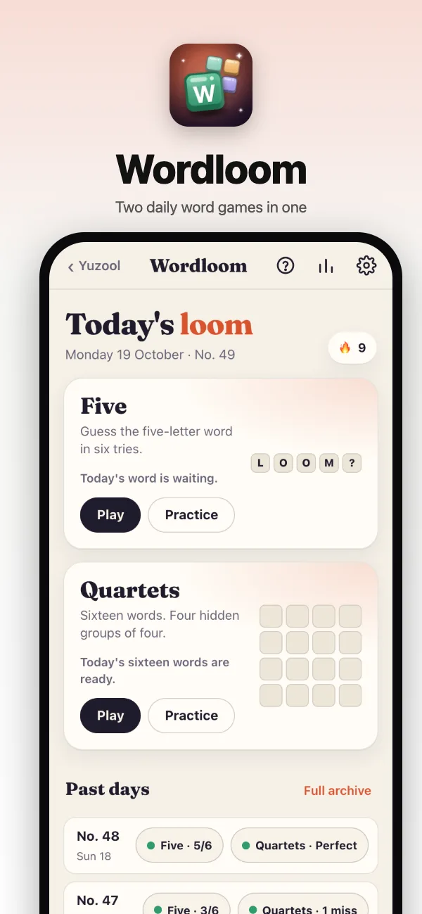 Today's two puzzles on the home screen, with past days