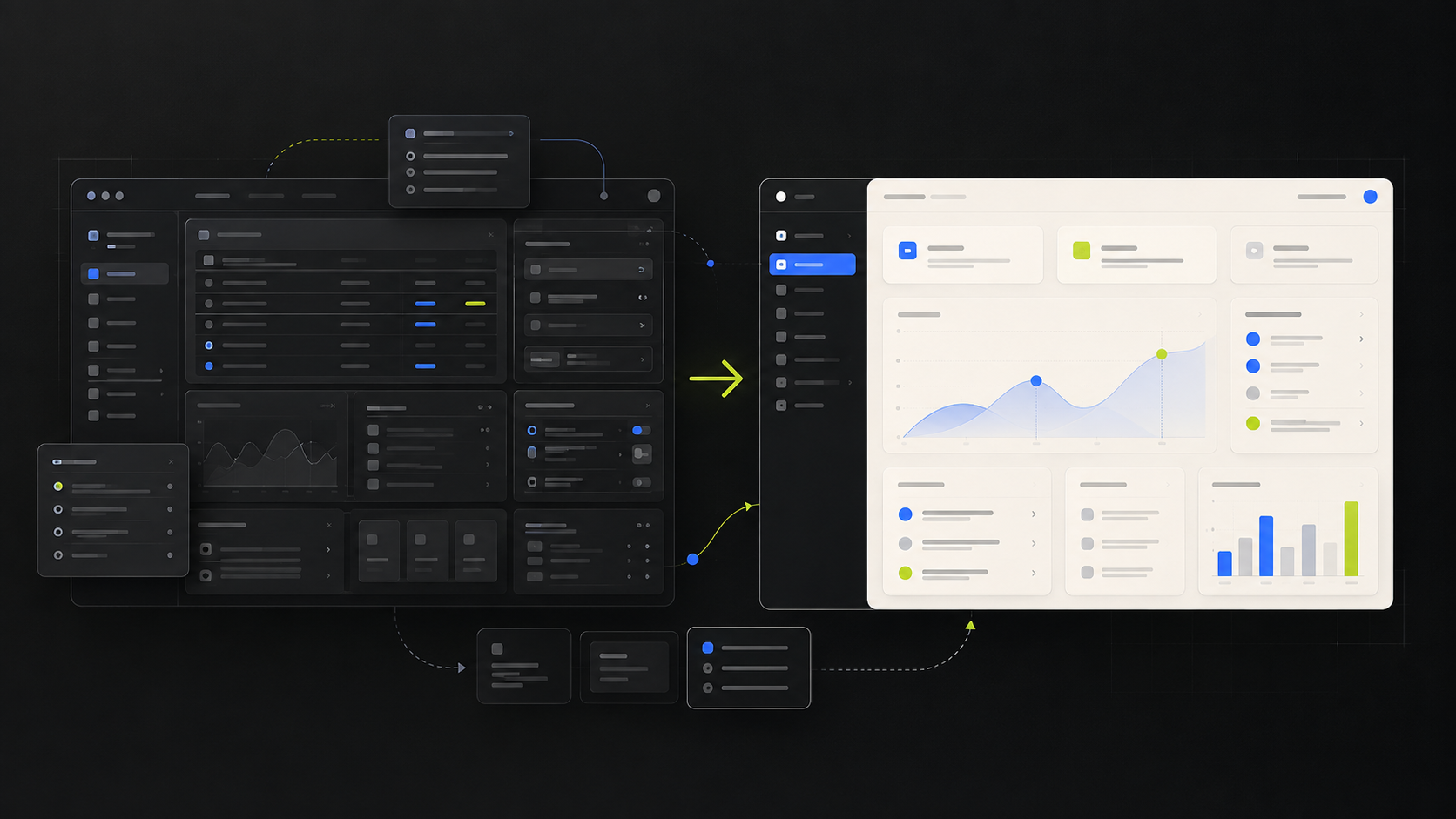 A complex dark software workflow becoming a calm, clear dashboard
