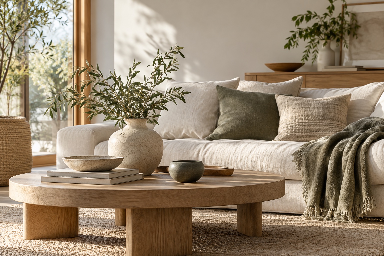 A quiet, sunlit living room with natural materials