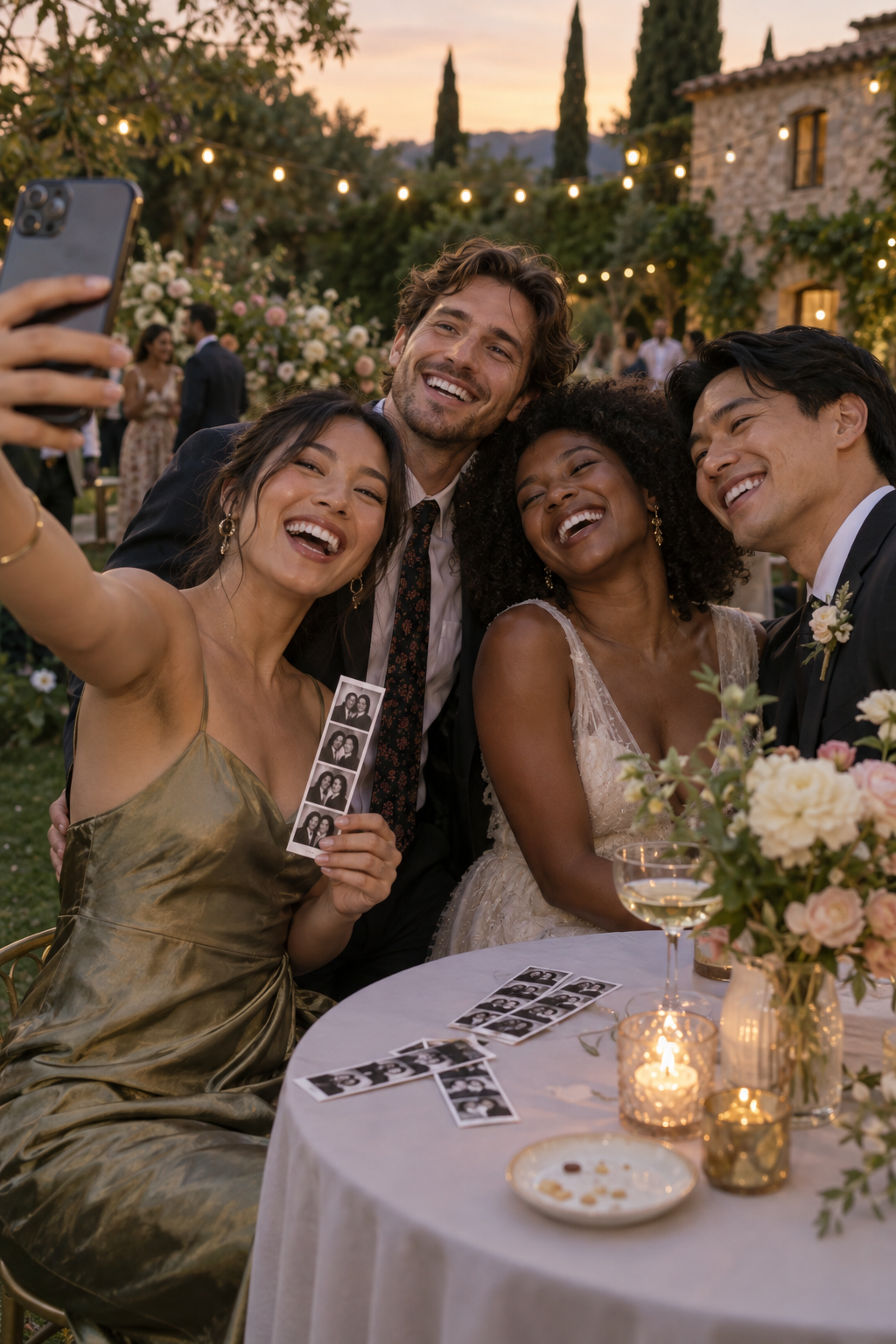 Wedding guests making retro photo strips with an iPhone photo booth